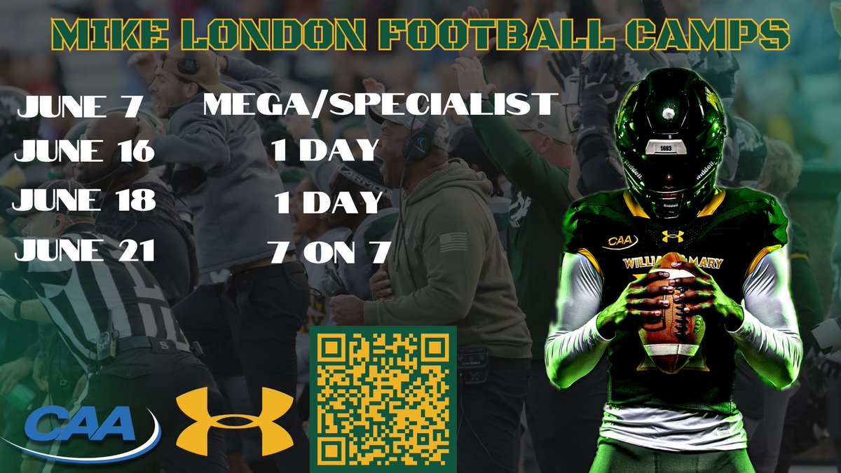 Nick Schrage (@nickschrage38) on Twitter photo 🚨<a href="/WMTribeFootball/">William & Mary Tribe Football</a> Camps🚨
📆 June 7th | 16th | 18th
📍 WISC Sports Complex - Williamsburg, VA
🏈 7v7 Camp: June 21st
Compete & Develop in front of 50+ College Coaches! 🔥
#GoTribe
Click the link to Register 🔗: mikelondonfootballcamps.totalcamps.com/About%20Us 🚨<a href="/WMTribeFootball/">William & Mary Tribe Football</a> Camps🚨
📆 June 7th | 16th | 18th
📍 WISC Sports Complex - Williamsburg, VA
🏈 7v7 Camp: June 21st
Compete & Develop in front of 50+ College Coaches! 🔥
#GoTribe
Click the link to Register 🔗: mikelondonfootballcamps.totalcamps.com/About%20Us