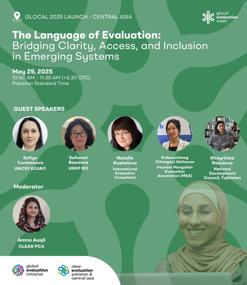 Global Evaluation Initiative (@gei_globaleval) on Twitter photo 📢 Happening TOMORROW: #Glocal2025 Launch in #CentralAsia 🎉
<a href="/CLEAR_PCA/">CLEAR Pakistan & Central Asia</a> & <a href="/GEI_GlobalEval/">Global Evaluation Initiative</a> will kick things off with a session on the critical role of language in making #evaluation more inclusive & accessible. 🤝
🎙️ Join the conversation on how to make evaluation both 📢 Happening TOMORROW: #Glocal2025 Launch in #CentralAsia 🎉
<a href="/CLEAR_PCA/">CLEAR Pakistan & Central Asia</a> & <a href="/GEI_GlobalEval/">Global Evaluation Initiative</a> will kick things off with a session on the critical role of language in making #evaluation more inclusive & accessible. 🤝
🎙️ Join the conversation on how to make evaluation both