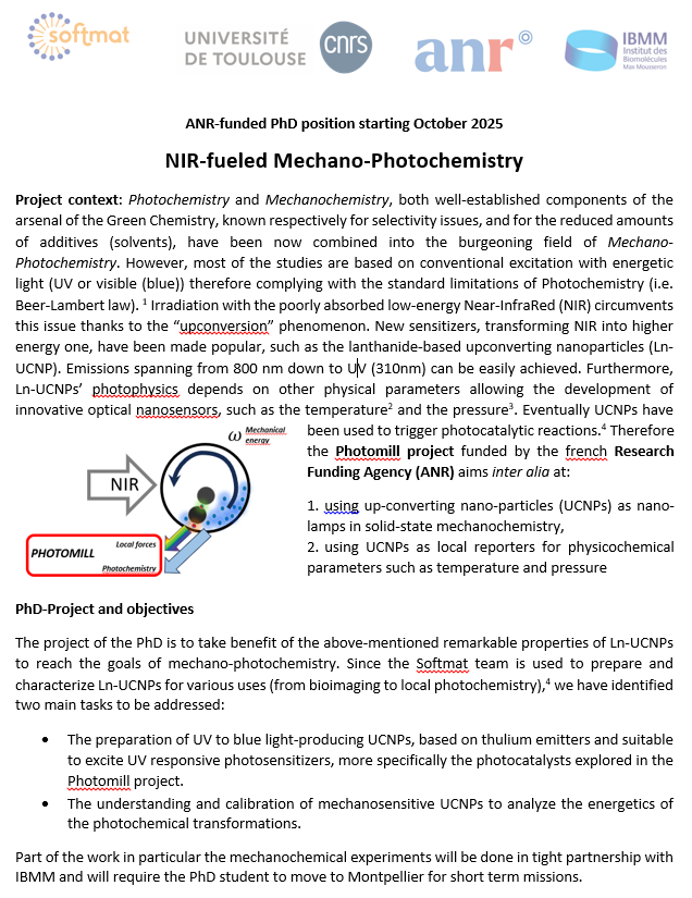 Open position in our lab in collaboration with Xavier Bantreil (IBMM, Montpellier) and  ANR Photomill .Apply via https ://emploi.cnrs.fr !!!