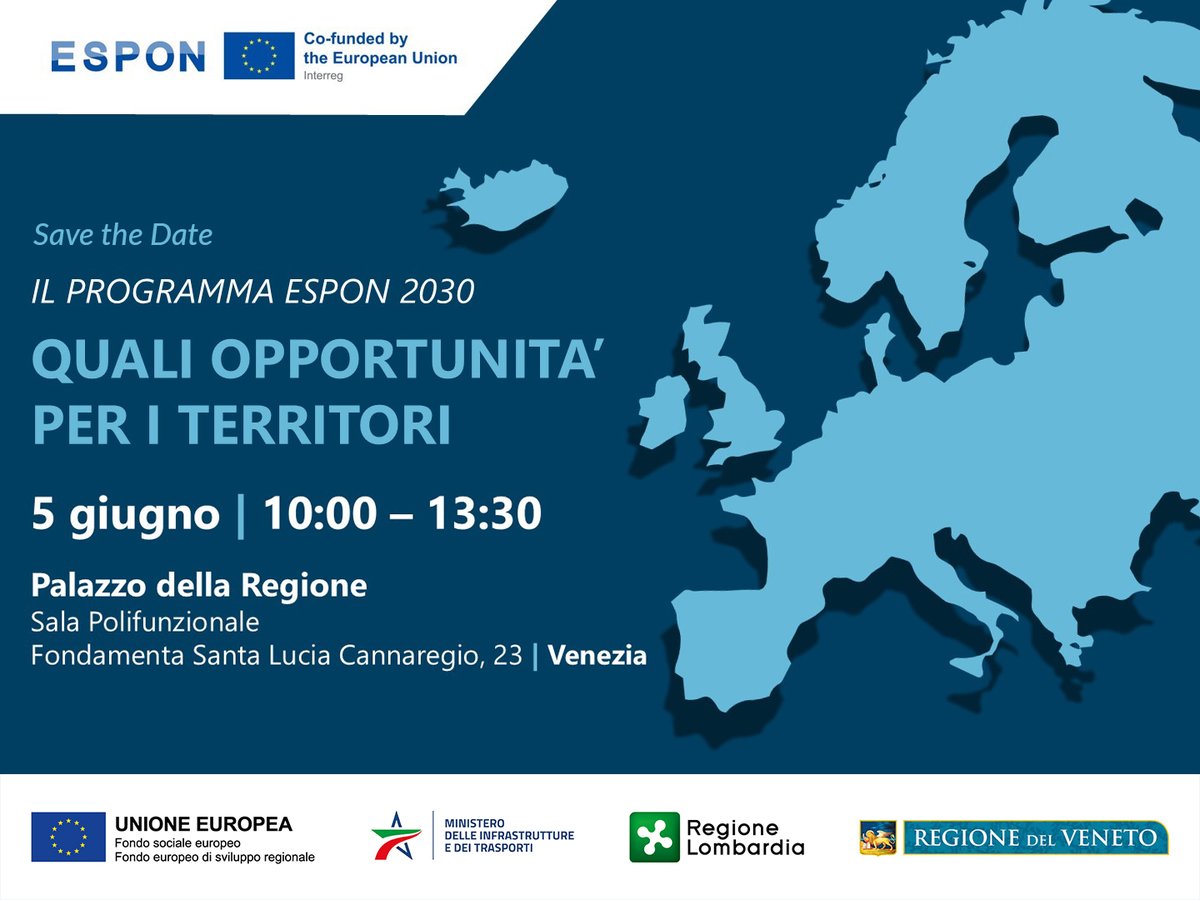 📌 Giovedì 5 giugno presso il Palazzo della Regione a Venezia l'infoday del Programma ESPON 2030 "Quali opportunità per i territori", con focus sul mercato del lavoro regionale. Per info e iscrizioni: url.regve.it/r/69d61b6b