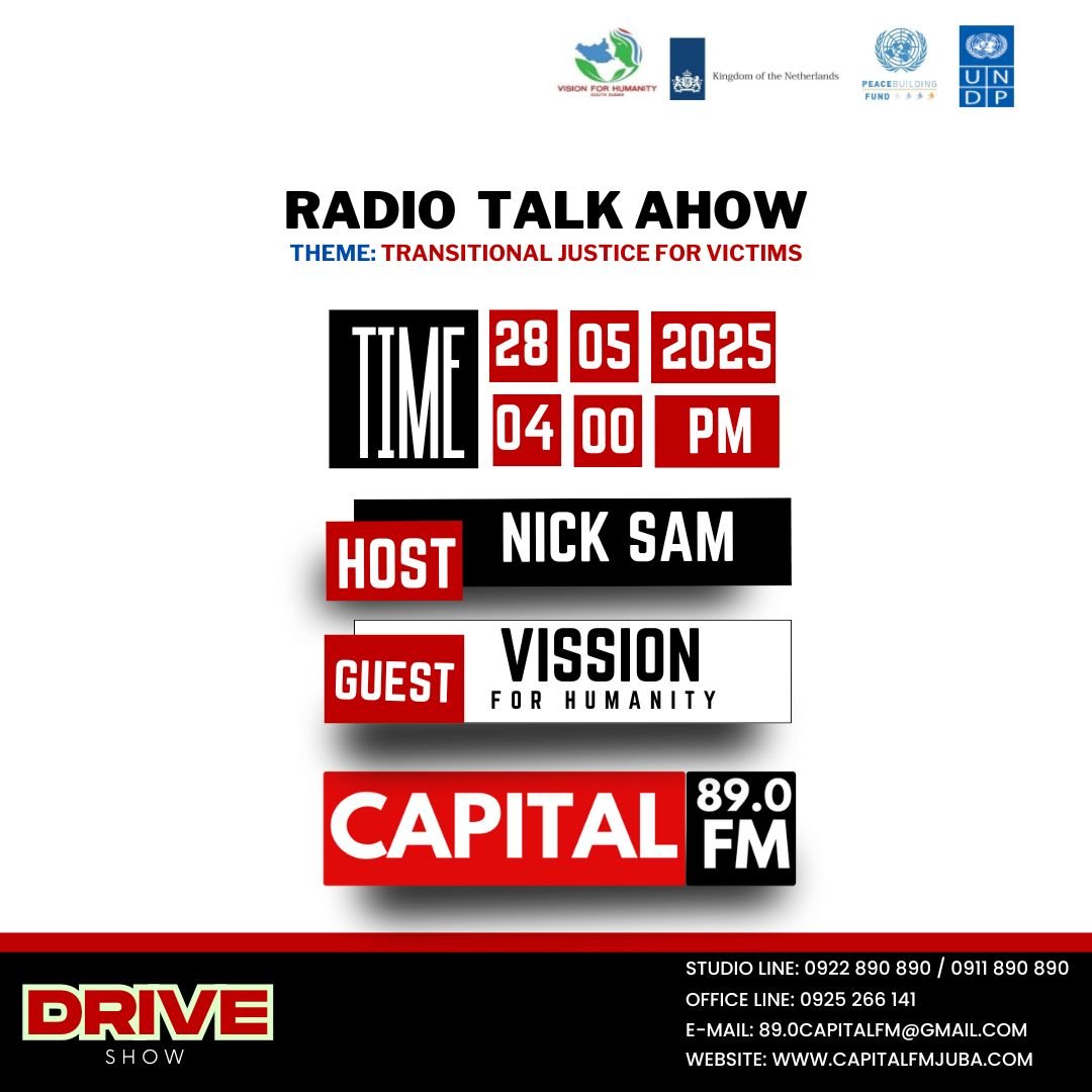 HumanitySudan's tweet photo. 🎙️ Tune in to Capital FM (89.0 FM) for a special talk show with Vision for Humanity South Sudan as we spotlight transitional justice and give a voice to victims!

Don’t miss this vital conversation on healing and accountability. #TransitionalJustice #SouthSudan #JusticeForVictims https://t.co/SSMczutox0