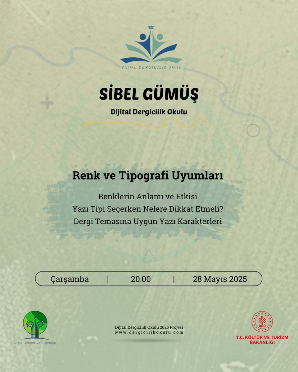 Sibel Gümüş ile Renk ve Tipografi Uyumları dersimizle;

Renklerin Anlamı ve Etkisi
Yazı Tipi Seçerken Nelere Dikkat Etmeli?
Dergi Temasına Uygun Yazı Karakterleri

📅 28 Mayıs 2025, Çarşamba
🕘 20:00
🚩 Dijital Dergicilik Okulu