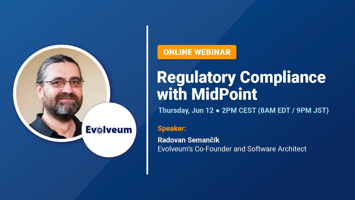 Struggling with #compliance requirements? 🔐 Join us on June 12 for a webinar with Radovan Semančík, Evolveum’s Co-Founder and Software Architect! He’ll show how #midPoint helps organizations meet regulatory demands with confidence and clarity. ⚙️ evolveum.com/regulatory-com…