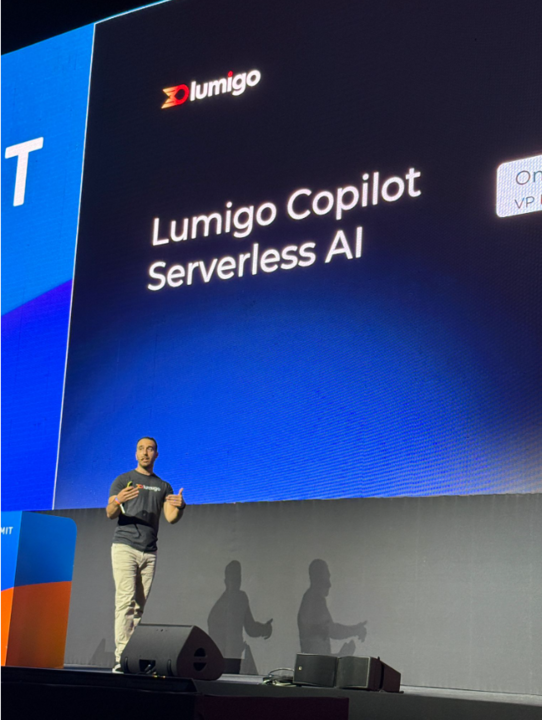 AviadMor's tweet photo. Omri rocking it on stage, talking about the @Lumigo copilot journey at #AWSSummit Tel Aviv https://t.co/FrLcIFkNdx