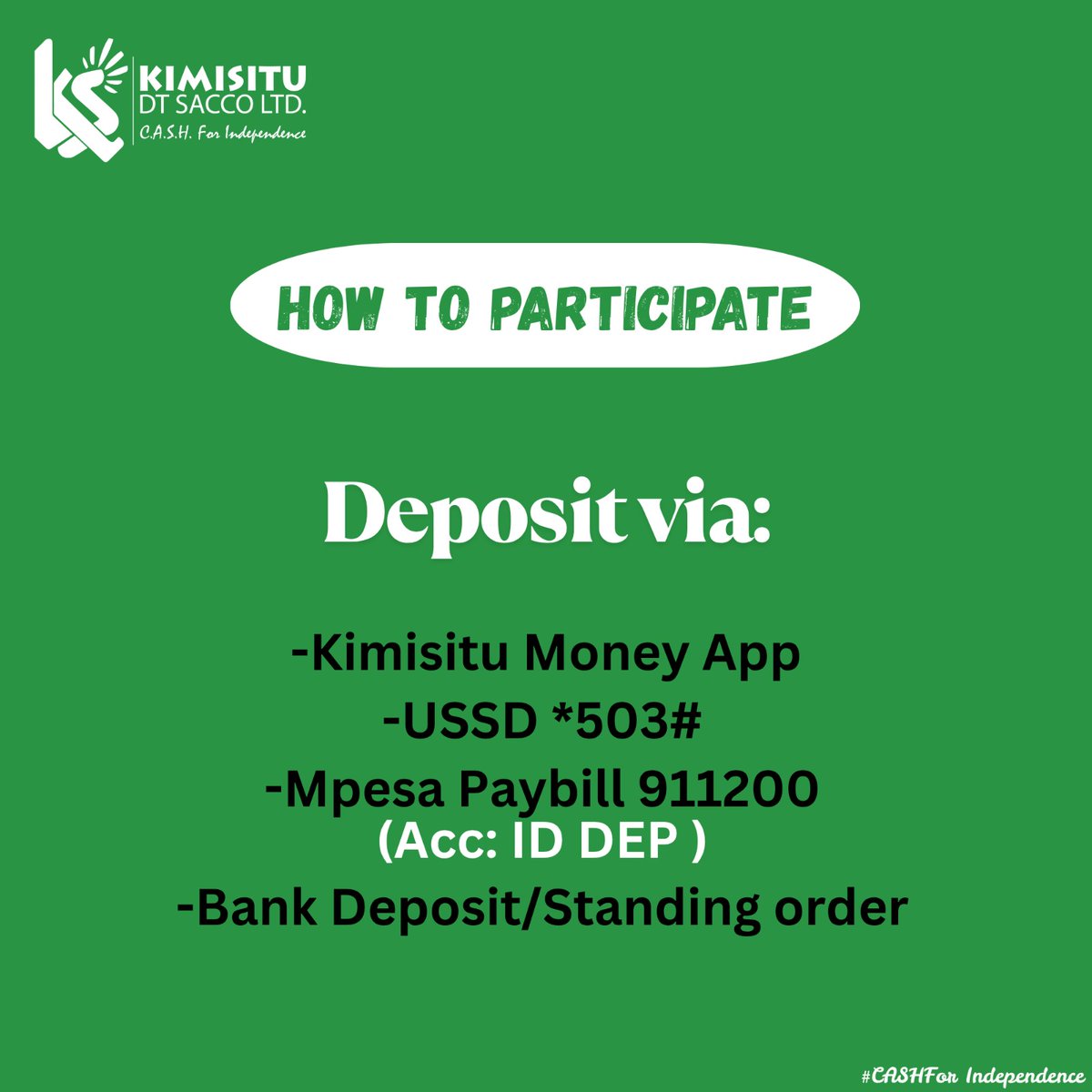 KIMISITUSACCO's tweet photo. Ready, set, Deposit💰💰
This is not just a challenge, it's a chance to grow your savings and win exciting rewards🥳🥳.

#DepositMobilizationChallenge
#SaveAndWin
#GrowWithKimisitu https://t.co/k6wfRwo1yL