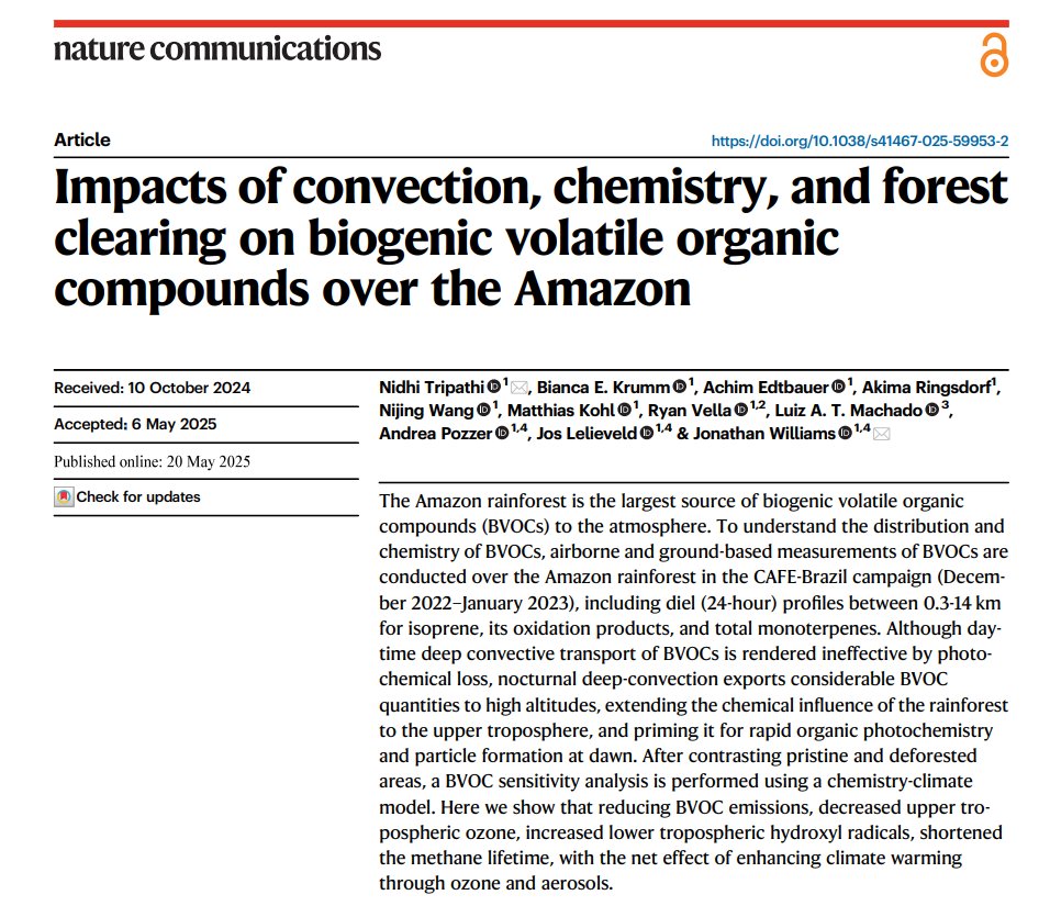 nidhispace's tweet photo. Excited to share our new paper in Nature Communications!

BVOCs are lofted via convection to 12 km, build up overnight, and spark photochemistry at sunrise over the Amazon forest.  
https://t.co/TBd6GsK4IN

@MaxPlanckChem
#AtmosphericChemistry #Amazon #BVOCs #NatureCommunications https://t.co/sqy03IUO3W