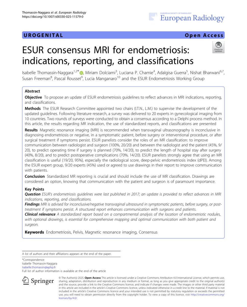 lucianachamiec1's tweet image. Both new ESUR consensus documents are now available online/open access. These publications are of great importance, as they provide a much-needed update to support best practices in MRI for the evaluation of endometriosis. It was a pleasure to take part in this project!