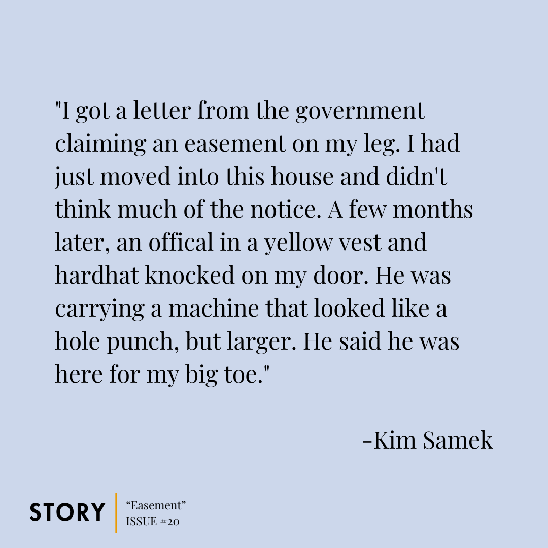 StoryLitMag's tweet image. Read “Easement” by @kim_samek in Issue #20! Get a copy here: storymagazine.org/store/issue-20…