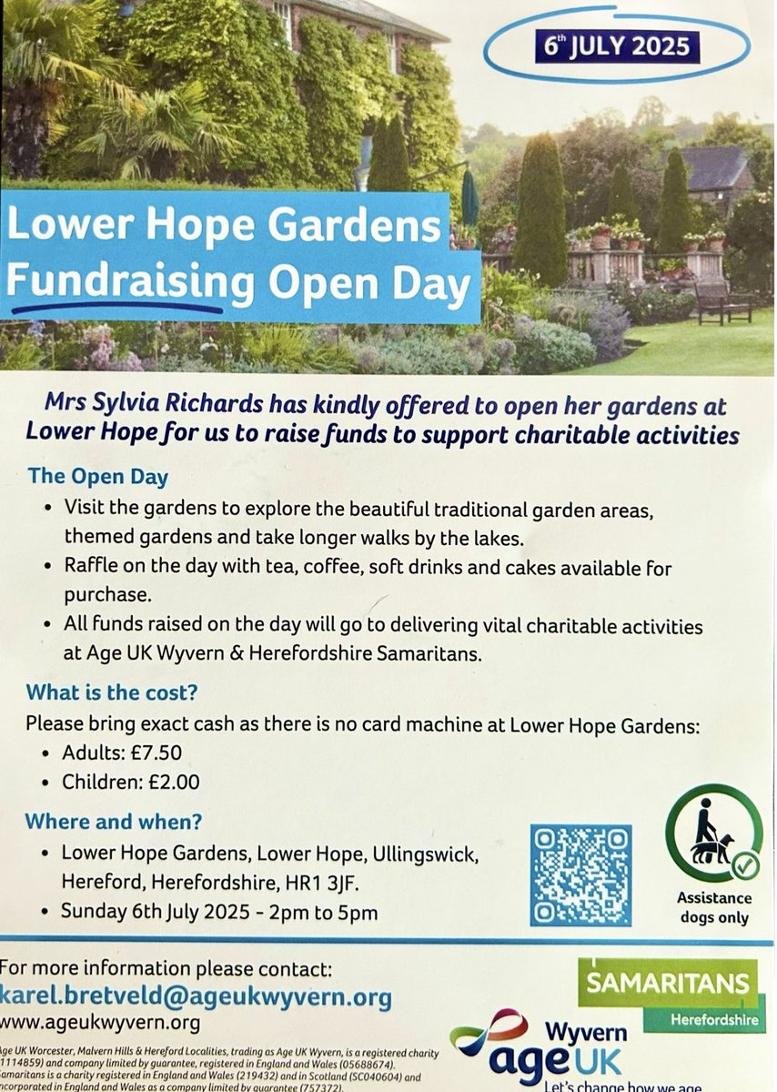 It’s just over a month away until Lower Hope Gardens Open Day. Come along to view traditional and themed gardens, a walk down to the lake whilst having tea and cakes. It’ll be a delightful fundraiser afternoon for Herefordshire SAMs and Age UK Wyvern.

#Herefordshire 
#Samaritans