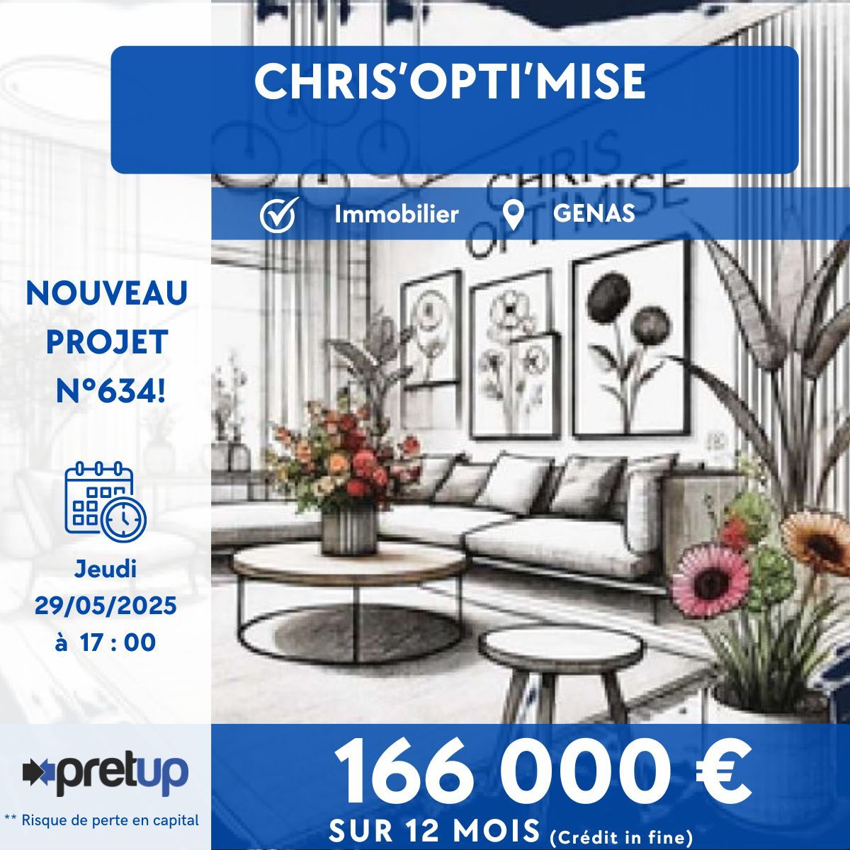 [⚡Nouveau projet n°634⚡]
Prépublication du projet "CHRIS’OPTI’MISE" : 166 000€ recherchés sur 12 mois (crédit infine) pour financer une opération MDB à GENAS
Ouverture de la collecte demain à 17h 
CHRIS OPTI'MISE - Pretup
Risque de non-remboursement du capital prêté