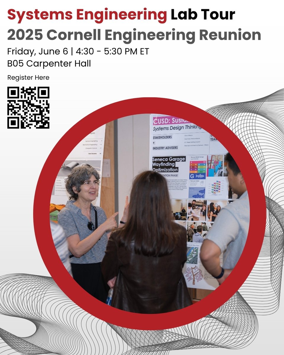 CornellSystems's tweet image. π Calling all Systems Engineering Alumni! π
You're invited to the 2025 Cornell Engineering Reunion for a special Systems Engineering Lab Tour π οΈ
π
Friday, June 6
π 4:30 β 5:30 PM
π B05 Carpenter Hall
π Register now to reserve your spot: tinyurl.com/43f2wvx9