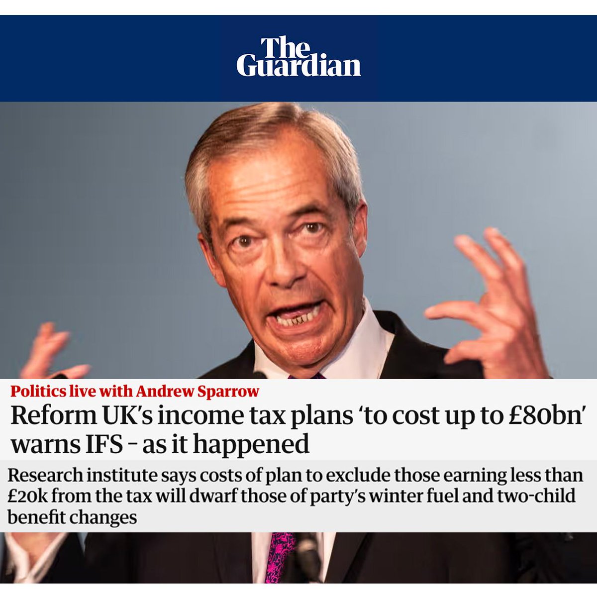 The Reform Party's plan to raise the tax threshold would cost around £80bn… with no way to fund it. A vote for Reform is a vote for fake economics. 

buff.ly/QQD0nNE.