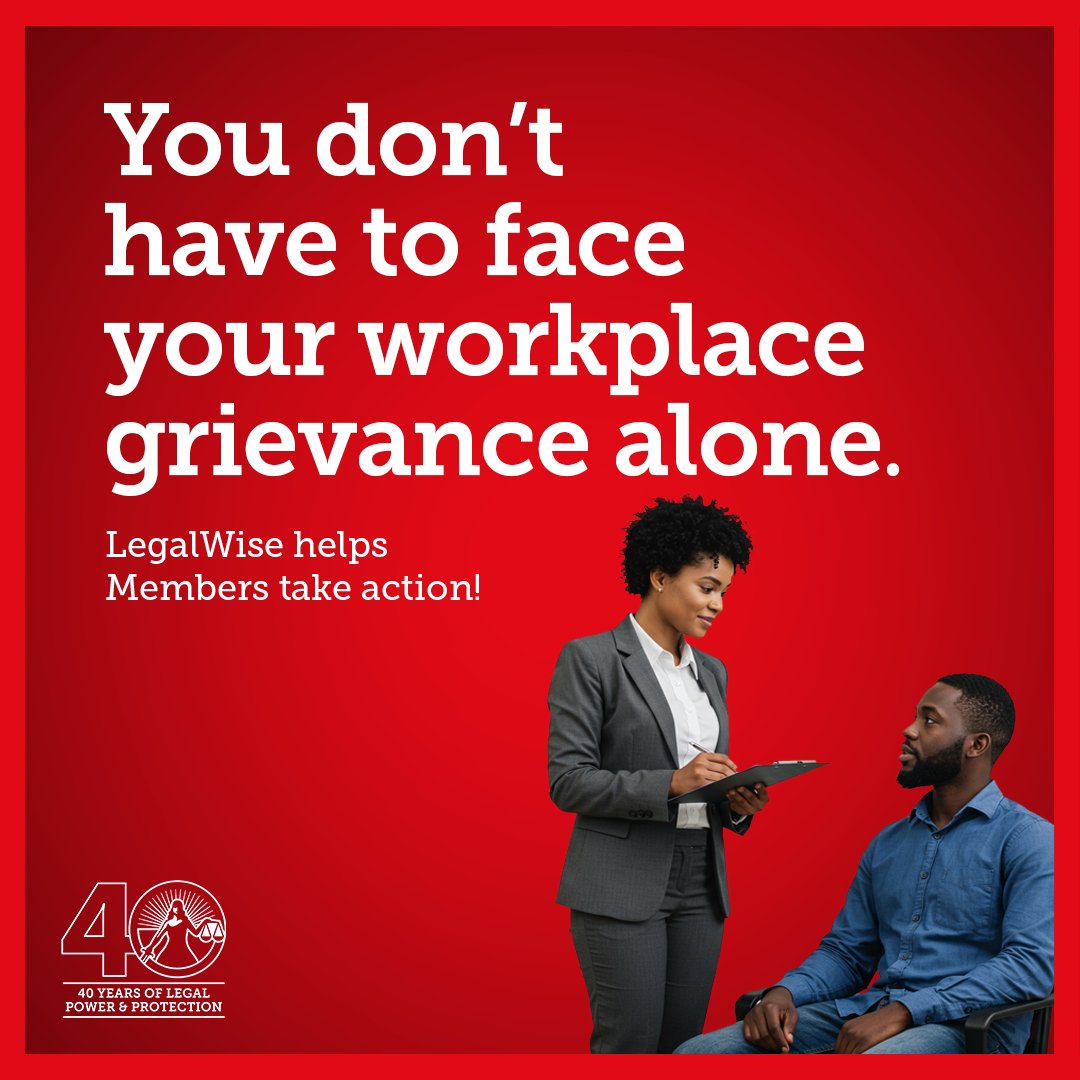 Take action now with our Workplace Grievance Self-Service Tool. ​

LegalWise Members have more ways to get help — whether it’s in-Branch, by phone, e-mail, social media, or now through our new Workplace Grievance Self-Service Tool.​

#40YearsOfLegalWise #BeLegalWise