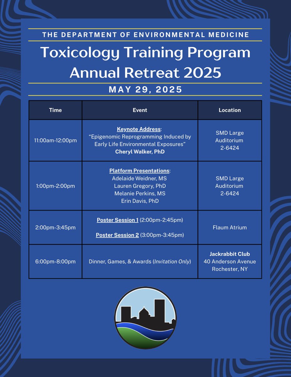 UR Institute for Human Health and the Environment (@ur_ihhe) on Twitter photo Join us on Thursday 5/29 for the <a href="/UofR/">University of Rochester</a> Toxicology Training Program's annual retreat! The keynote address will be presented by Dr. Cheryl Walker <a href="/bcmhouston/">BCMHouston</a>.
"Epigenomic Reprogramming Induced by Early Life Environmental Exposures"
<a href="/urmctoxicology/">urmc_toxicology</a> Join us on Thursday 5/29 for the <a href="/UofR/">University of Rochester</a> Toxicology Training Program's annual retreat! The keynote address will be presented by Dr. Cheryl Walker <a href="/bcmhouston/">BCMHouston</a>.
"Epigenomic Reprogramming Induced by Early Life Environmental Exposures"
<a href="/urmctoxicology/">urmc_toxicology</a>