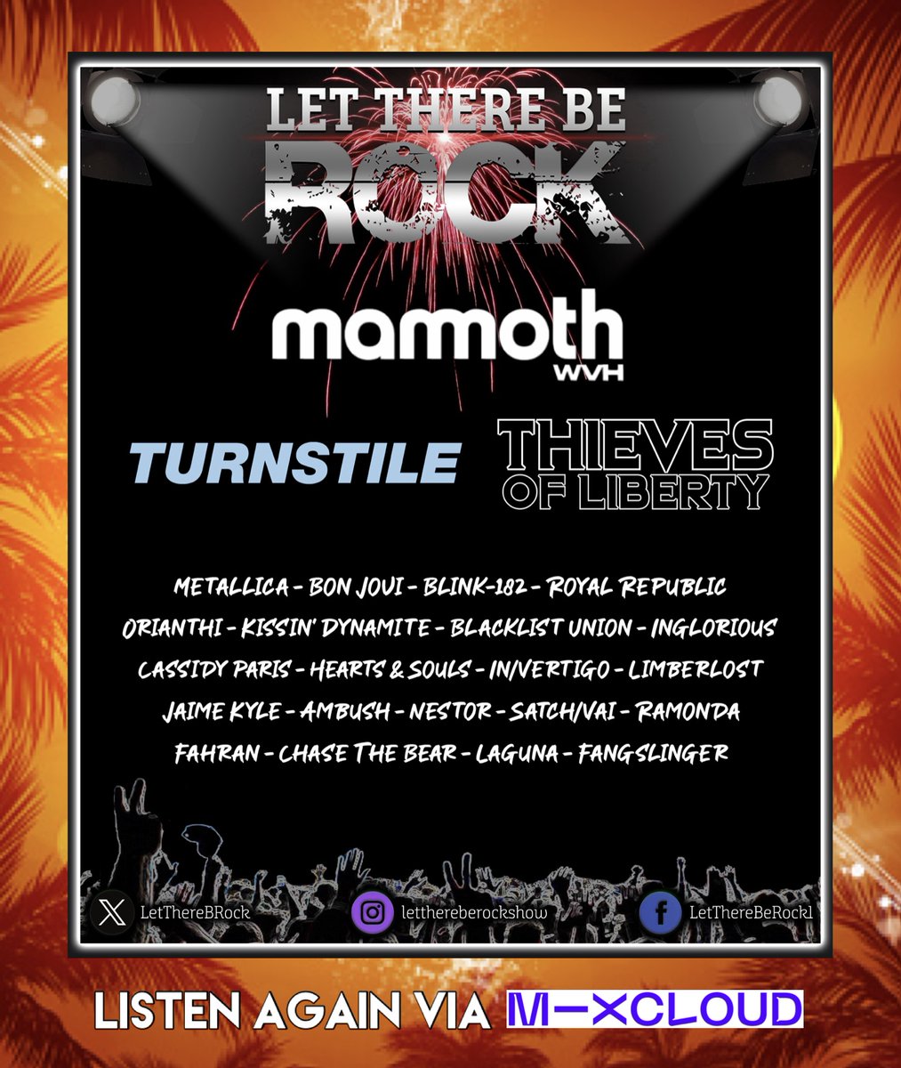 Let There Be Rock (@lettherebrock) on Twitter photo ⭐️Still not listened to the latest show? Listen again via Mixcloud below 👇
👉 mixcloud.com/LetThereBeRock… 👈
Ft. <a href="/MammothWVH/">Mammoth</a> <a href="/TURNSTILEHC/">TURNSTILE</a> <a href="/ThievesLiberty/">Thieves Of Liberty</a> <a href="/orianthi/">orianthi</a> <a href="/Kissindynamites/">Kissin' Dynamite</a> <a href="/WeAreInglorious/">Inglorious</a> <a href="/ChaseThemBears/">Chase the Bear</a> <a href="/Fahranmusic/">FAHRAN</a> <a href="/BlacklistUnion2/">Blacklist Union</a> +
#Mixcloud #ListenAgain ⭐️Still not listened to the latest show? Listen again via Mixcloud below 👇
👉 mixcloud.com/LetThereBeRock… 👈
Ft. <a href="/MammothWVH/">Mammoth</a> <a href="/TURNSTILEHC/">TURNSTILE</a> <a href="/ThievesLiberty/">Thieves Of Liberty</a> <a href="/orianthi/">orianthi</a> <a href="/Kissindynamites/">Kissin' Dynamite</a> <a href="/WeAreInglorious/">Inglorious</a> <a href="/ChaseThemBears/">Chase the Bear</a> <a href="/Fahranmusic/">FAHRAN</a> <a href="/BlacklistUnion2/">Blacklist Union</a> +
#Mixcloud #ListenAgain