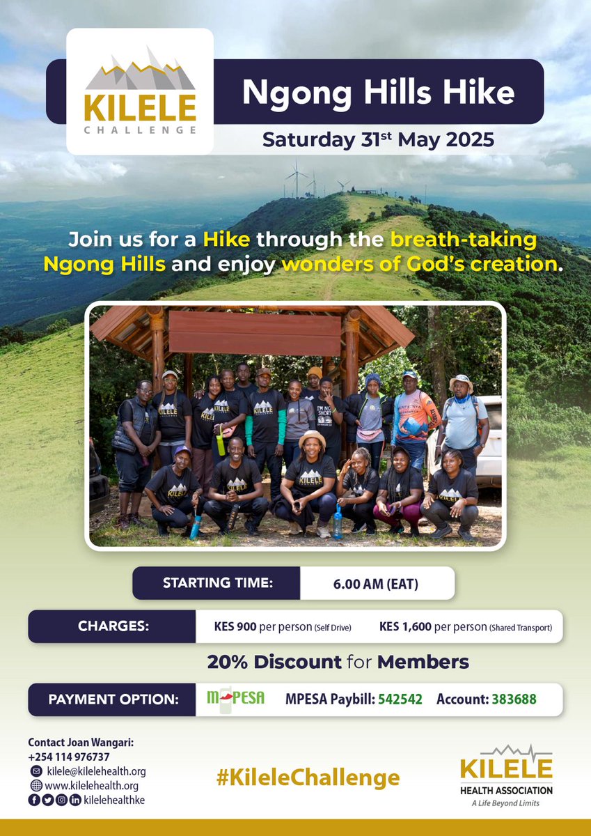 KILELE Health (@kilelehealthke) on Twitter photo 📢 3 days to go! The countdown is on for the 3rd edition of #KileleChallenge at Ngong Hills, set for 31-05. We’re calling on #CancerWarriors, caregivers & allies who understand that healing isn’t just physical — it’s emotional & mental.
Come walk with us.
kilelehealth.org/event/kilele-c… 📢 3 days to go! The countdown is on for the 3rd edition of #KileleChallenge at Ngong Hills, set for 31-05. We’re calling on #CancerWarriors, caregivers & allies who understand that healing isn’t just physical — it’s emotional & mental.
Come walk with us.
kilelehealth.org/event/kilele-c…