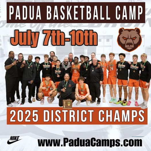 Spots are filling up fast! Our popular summer basketball camp takes place July 7th-10th, sign up online at www. PaduaCamps.com - learn from the 2025 District Champion Bruins’ players and coaches !
Grades 3,4,5,6 (8:30-11:00)
Grades 7,8 (11:30-2:00)
Go Bruins!