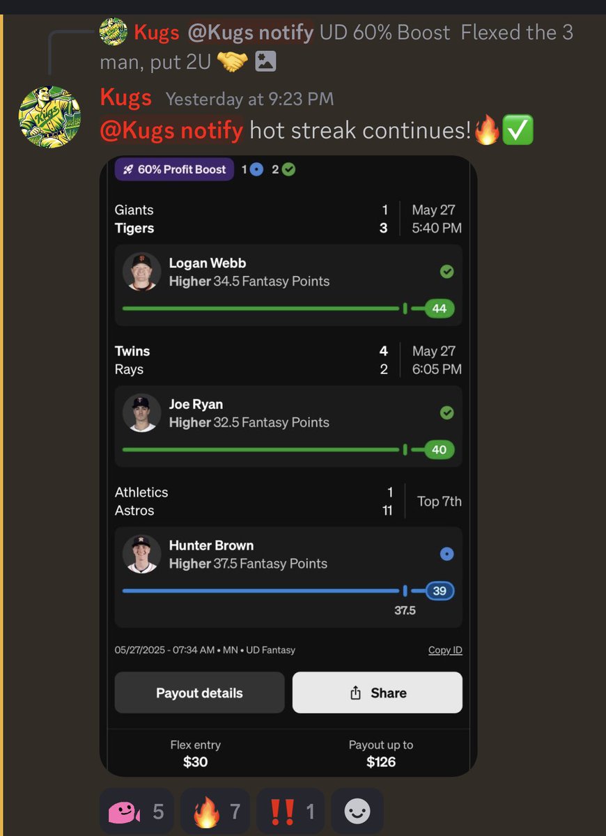 kugs_plays's tweet photo. We have been cashing out like crazy on player props lately‼️
Plays posted in my free discord @thebullpenbets
Discord Link:
https://t.co/25LCgwrfHN
Join today for FREE to get all of my plays and my fellow mods 🍻
Baseball season is just starting to get hot, I wouldn’t want to miss out! Come ride the hot steak with us and cash out⚾️
I’ve also been dropping my plays in @ndotdiscord 🤝
#gamblingx #gamblingtwitter #prizepicks #underdog #freeplay #baseball #mlb #mlbprops #mlbslips #Yankees #Dodgers #draftkings #fanduel #fliff #sleeper