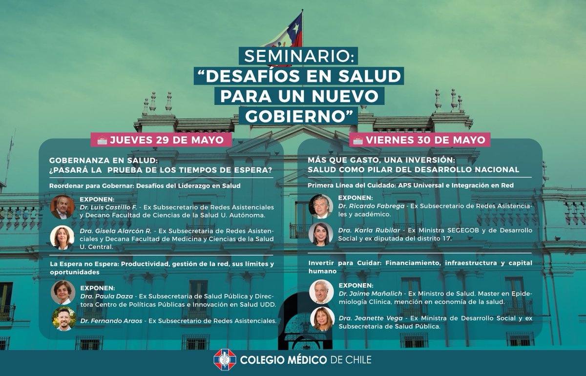 ¡Acompáñanos a debatir sobre el futuro de la salud en Chile!
Este 29 y 30 de mayo se reúnen exautoridades de salud de distintos gobiernos para reflexionar sobre los grandes desafíos de nuestro sistema sanitario, que debieran ser abordados por las y los próximos candidatos