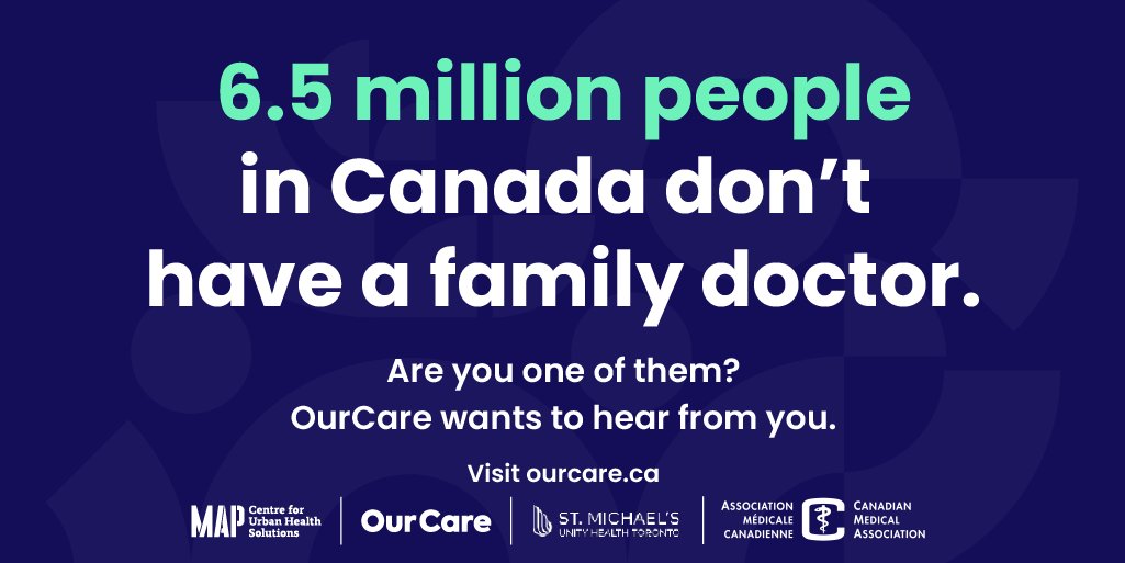 UofT Family Medicine (@uoftfamilymed) on Twitter photo 6.5 million Canadians don’t have a family doctor—a stark reminder of the gaps in our health care system. The OurCare Survey, led by Dr. <a href="/tara_kiran/">Tara Kiran</a> at <a href="/MAP_Health/">MAP Centre for Urban Health Solutions</a>, wants to hear from you. Take the survey here: ourcare.ca/survey. 6.5 million Canadians don’t have a family doctor—a stark reminder of the gaps in our health care system. The OurCare Survey, led by Dr. <a href="/tara_kiran/">Tara Kiran</a> at <a href="/MAP_Health/">MAP Centre for Urban Health Solutions</a>, wants to hear from you. Take the survey here: ourcare.ca/survey.