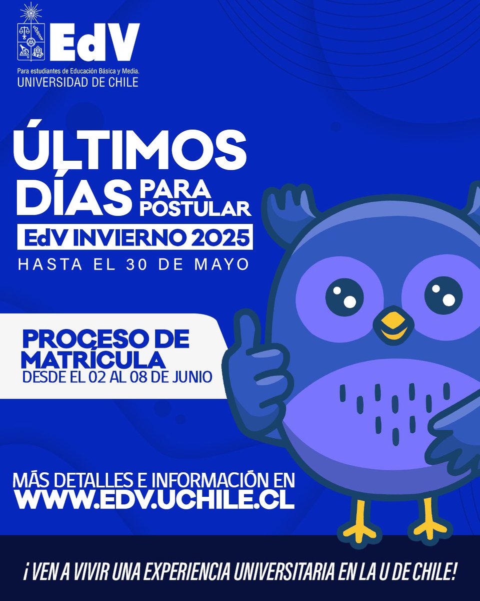 EdV_UChile's tweet photo. ¡ÚLTIMOS 3 DÍAS PARA POSTULAR!

No te pierdas la oportunidad de vivir una experiencia universitaria real, con docentes universitarios y en las salas de clases y laboratorios de la UChile🤩

Ingresa a nuestro sitio web https://t.co/gbDODmGPp9 y postula HOY a EdV Invierno 2025. https://t.co/Ml8T0AFoR0