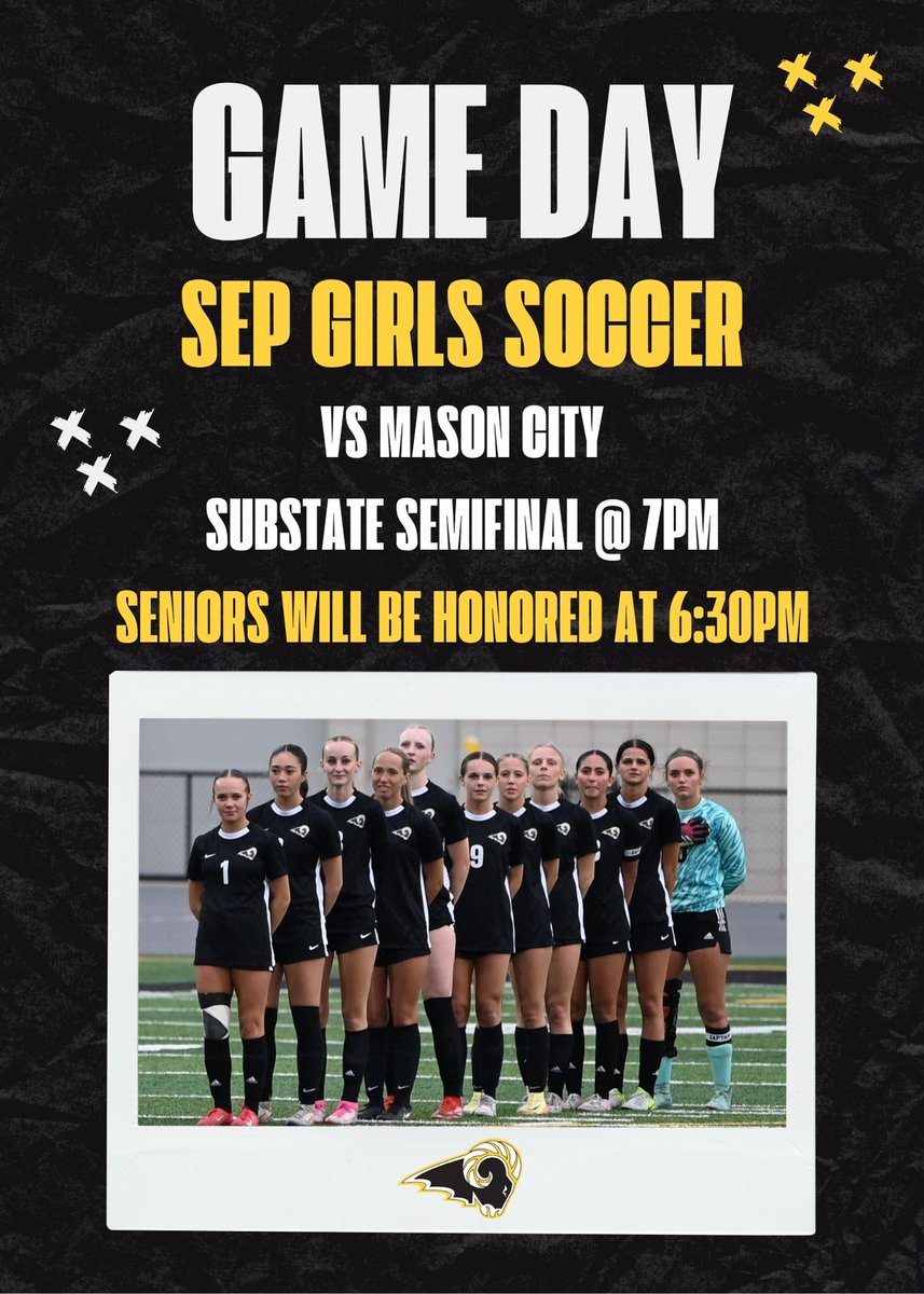 SEP Girls Soccer GAME DAY!

Seniors will be honored at 6:30pm

⚽️: Mason City
🗓️: May 28, 2025
🕐: 7:00pm
📍: Southeast Polk High School Stadium
🎟️: tickets.gobound.com/tickets/events… 
📷: youtube.com/@sepathletics6…