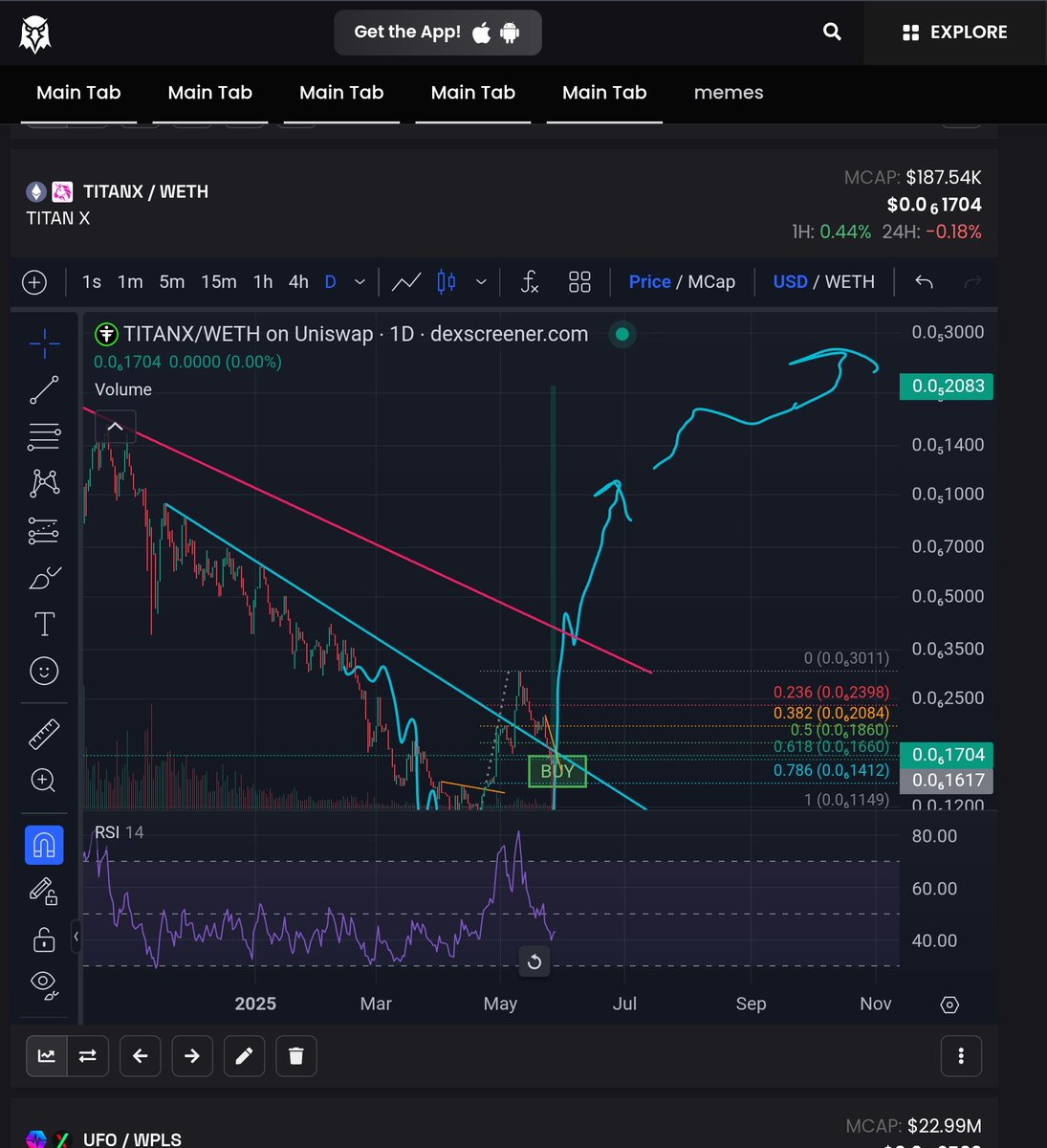 ScotVAi's tweet image. $TITANX has entered my buy zone after a nice 0.70 fibonacci pullback and showing bullish divergence on the 4hr chart.

Blue squiggly line that I drew on my chart back on February 12th is where I think price can go.🚀
