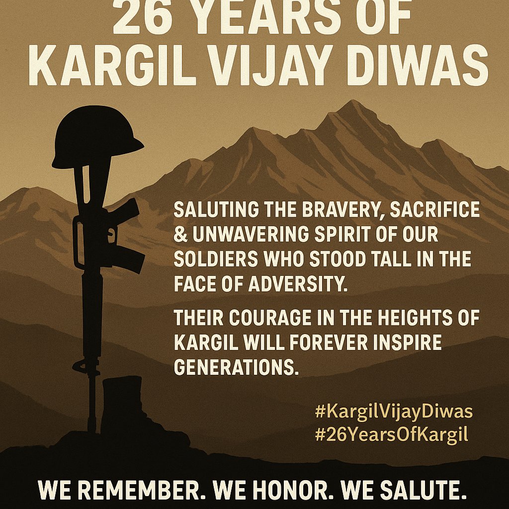 geekysachith's tweet image. Saluting the bravery, sacrifice &amp;amp; unwavering spirit of our soldiers who stood tall in the face of adversity.
Their courage in the heights of Kargil will forever inspire generations. 🫡

We remember. We honor. We salute.
#KargilVijayDiwas #26YearsOfKargil #IndianArmy #SachithHM