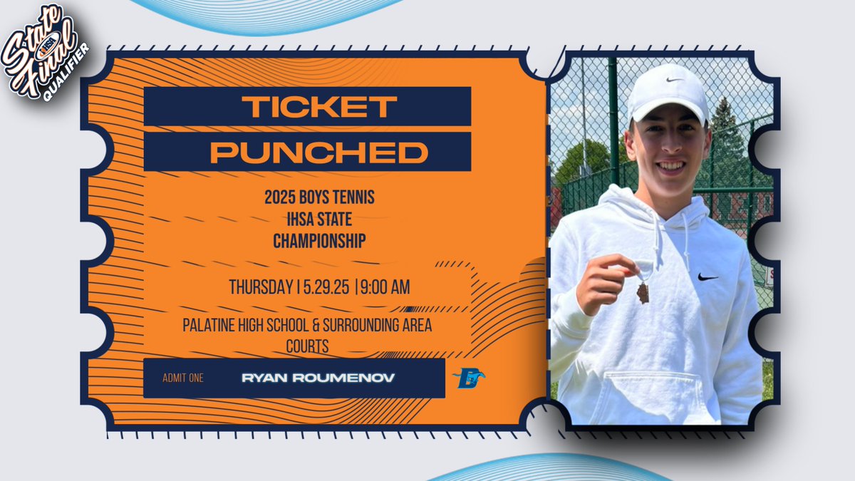 DGSSports's tweet photo. 🚨Big shoutout to Ryan Roumenov for qualifying for the IHSA State Boys Tennis Championships! He’s set to compete in his first round of the state tournament this Thursday at 9:00 AM at Barrington HS. Best of luck, Ryan! #GoMustang #IHSAStateTennis #dgspride #southsidestrong #youbelonghere @DGSTennis