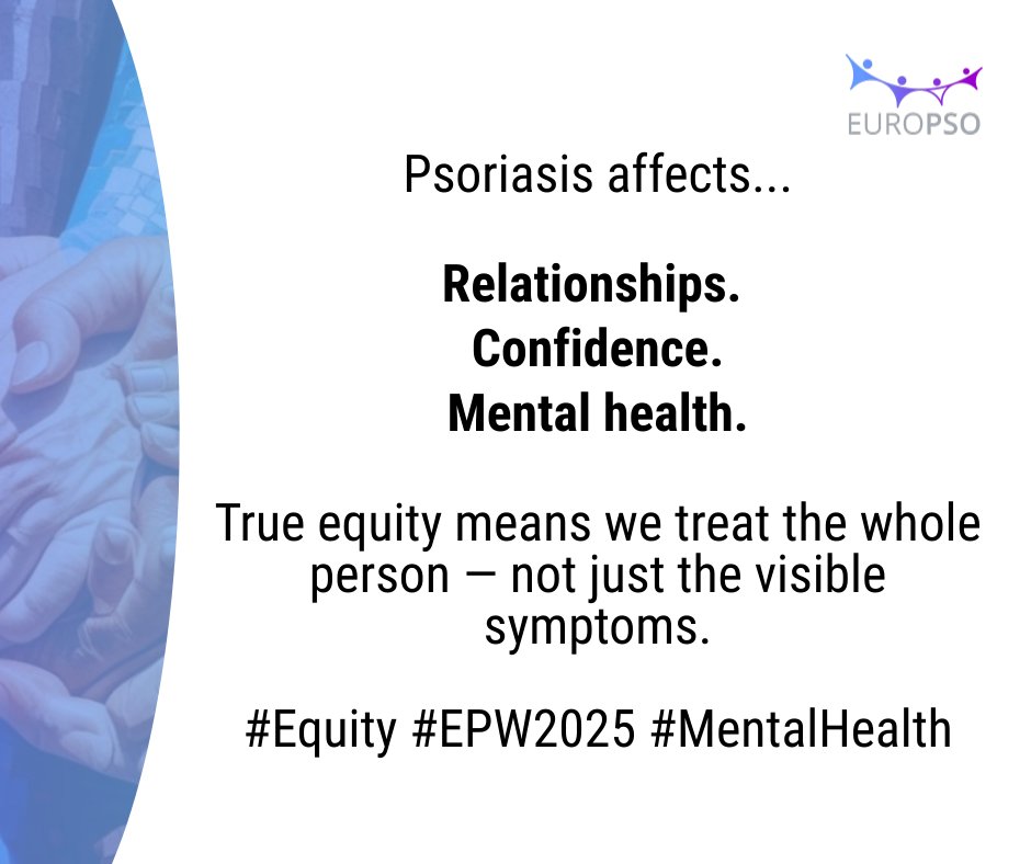 Psoriasis affects the skin — and so much more.

🧠 Mental health
💬 Confidence
💔 Relationships

This #EPW2025, we’re calling for equity that sees the whole person, not just the symptoms.

#Psoriasis #Equity #MentalHealth #EUROPSO #WholePersonCare