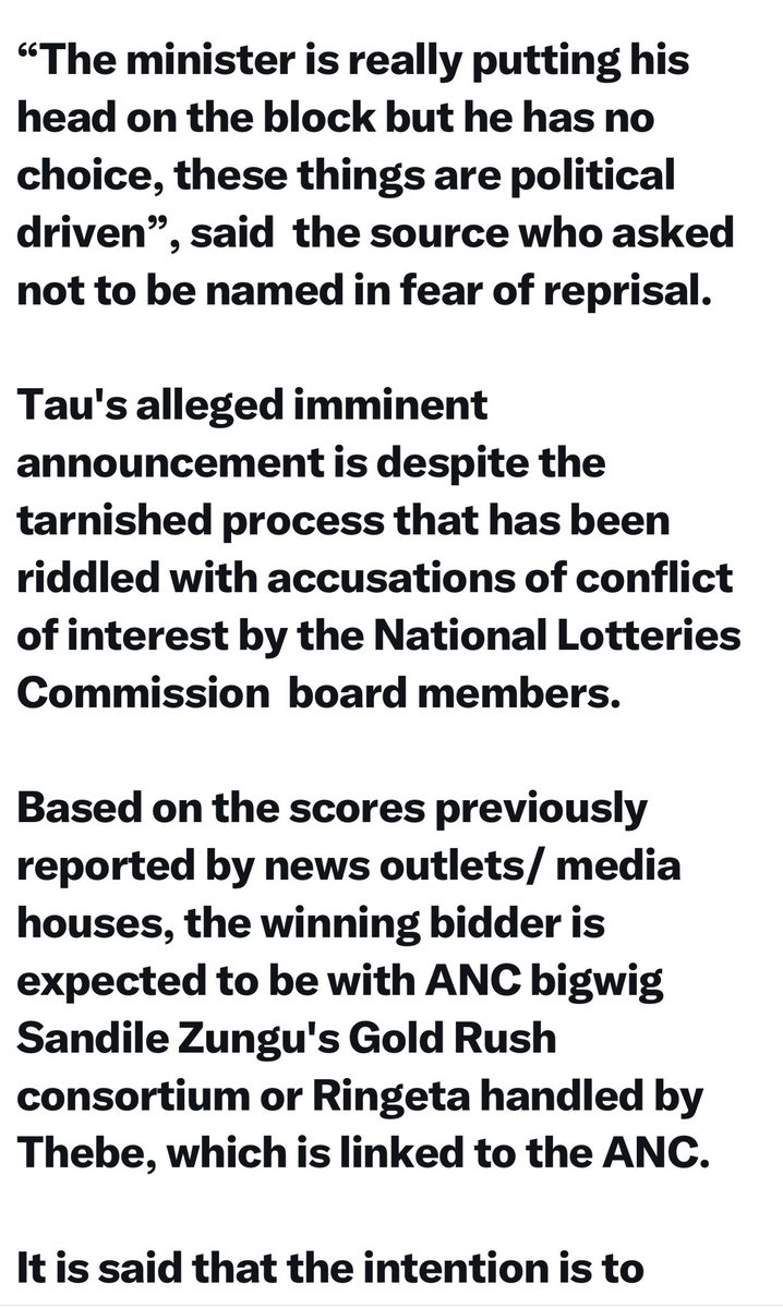 goolammv's tweet photo. Att: @helenzille 

I don’t know if you remember, the ministry of trade and industry was given to the DA. When Ramaphosa reported  to the top 7, they immediately rejected. I told you it was for the biggest tender in South Africa worth a staggering R180 billion, it’s called a printing press for money. Exactly as I predicted it has been awarded to the Sizekhaya Holdings lead by Sandile Zungu. Also this is who Jacob Zuma wanted to win. He was in many MK Party events. See my tweet posted last year the exact same thing happened. They kept on extending the time because Zungu’s consortium could not get it right. 

I give up with the ANC they give to Zumas friends. The most successful bidder was disqualified on a technique.