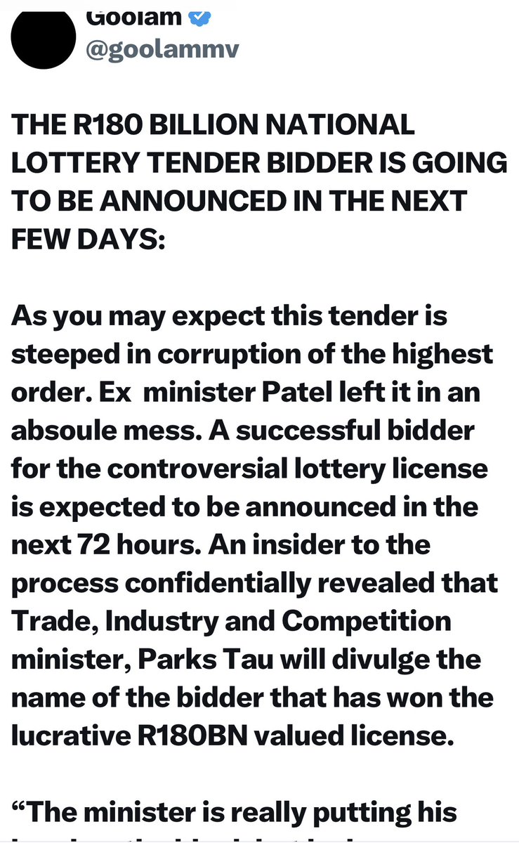 goolammv's tweet photo. Att: @helenzille 

I don’t know if you remember, the ministry of trade and industry was given to the DA. When Ramaphosa reported  to the top 7, they immediately rejected. I told you it was for the biggest tender in South Africa worth a staggering R180 billion, it’s called a printing press for money. Exactly as I predicted it has been awarded to the Sizekhaya Holdings lead by Sandile Zungu. Also this is who Jacob Zuma wanted to win. He was in many MK Party events. See my tweet posted last year the exact same thing happened. They kept on extending the time because Zungu’s consortium could not get it right. 

I give up with the ANC they give to Zumas friends. The most successful bidder was disqualified on a technique.