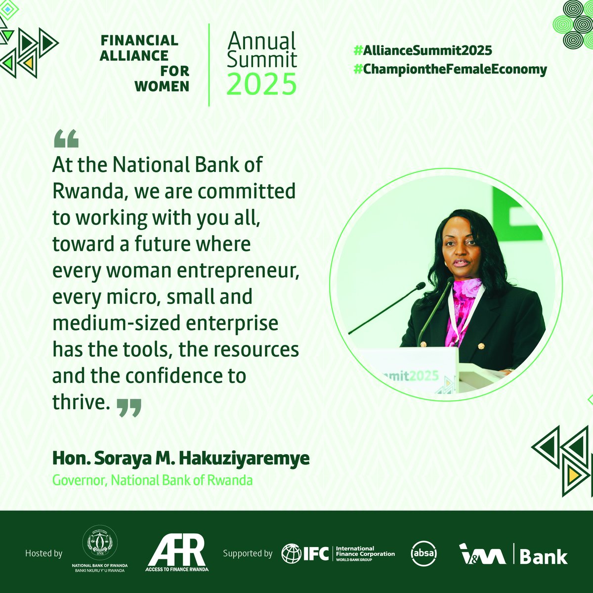 Central Bank of Rwanda (@centralbankrw) on Twitter photo Governor <a href="/SorayaMHlive/">Soraya M. Hakuziyaremye</a> emphasizes the National Bank of Rwanda's commitment to empowering women led Micro, Small, and Medium Enterprises (WMSMEs).
#AllianceSummit2025 #ChampionTheFemaleEconomy Governor <a href="/SorayaMHlive/">Soraya M. Hakuziyaremye</a> emphasizes the National Bank of Rwanda's commitment to empowering women led Micro, Small, and Medium Enterprises (WMSMEs).
#AllianceSummit2025 #ChampionTheFemaleEconomy