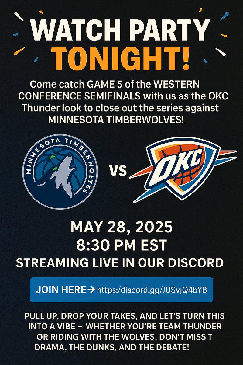 📅 May 28, 2025
⏰ 8:30 PM EST
📍 Streaming LIVE in our Discord
🔗 Join Here ➤ discord.gg/JUSvjQ4bYB

🗣️ Pull up, drop your takes, and let’s turn this into a vibe — whether you’re Team Thunder or riding with the Wolves.

#NBAPlayoffs #ThunderUp #Timberwolves #Game5