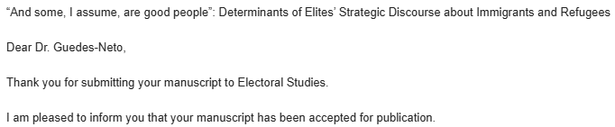 João V. Guedes-Neto (@victorguedes) on Twitter photo 🎉 Paper accepted!
Thrilled to share that our article on elites' strategic discourse about immigrants and refugees is coming out in Electoral Studies.
An absolute pleasure to collaborate with my great friend <a href="/alexhoneker/">Alex Honeker</a> on this one!
I’ll post a thread soon w/ more details. 🎉 Paper accepted!
Thrilled to share that our article on elites' strategic discourse about immigrants and refugees is coming out in Electoral Studies.
An absolute pleasure to collaborate with my great friend <a href="/alexhoneker/">Alex Honeker</a> on this one!
I’ll post a thread soon w/ more details.