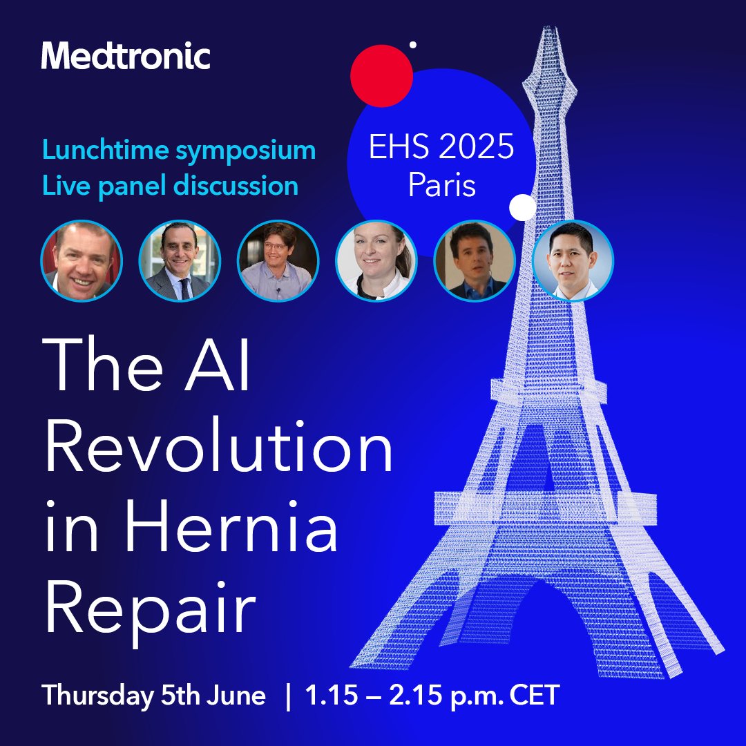 📣 Don’t miss Medtronic Lunchtime Symposia on The #AI Revolution in #HerniaSurgery — exploring real-life possibilities and the future of surgery with world-class experts at #EHS2025Paris

🗓️ 5 June 2025
🕒 01:15-02:15 PM
📍Room 143

#HerniaCongress #HerniaFriends