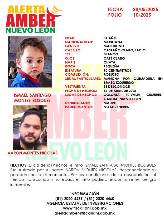 Se activa #AlertaAmber

Solicitamos de su colaboración para localizar al niño ISMAEL SANTIAGO MONTES BOSQUES

‼️Por favor comparte‼️

<a href="/MtyFollow/">MtyFollow®</a> <a href="/nelvaldez/">Nelson Valdez</a> <a href="/TuiteroRegio/">Tuitero Regio</a> <a href="/JulioCesar_Cano/">Julio César Cano</a> <a href="/ZyntiaVanegas/">Zyntia Vanegas</a> <a href="/revistacodigo21/">Jesús Rubén Peña</a> @vivianasanchhez <a href="/rayelizalder/">Ray Elizalde</a> <a href="/aztecacomunidad/">#ComunidadAzteca</a>