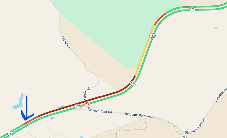 KCBSAMFMTraffic's tweet photo. #PachecoPass #Highway152 Westbound past Dinosaur Point a crash with a car and semi is blocking the right lane. #KCBSTraffic 📸Caltrans https://t.co/C2EJhdEaB3