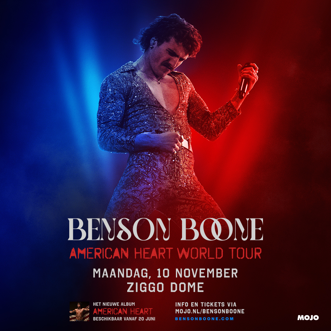 mojoconcerts's tweet photo. .@bensonboone bevestigt een concert in @ZiggoDome op 10 november 2025, in het kader van zijn American Heart World Tour 🤩 De kaartverkoop start 5 juni om 10:00 uur. Meer info via https://t.co/mI4D5bK4uK.

Door Benson Boone's intieme, hartgrondige popnummers stevent hij hard op de titel wereldwijde hitmaker af. Zijn doorbraak-hit 'Beautiful Things' bestormde in 2024 de hitlijsten, evenals 'In The Stars' en 'Sorry I'm Here For Someone Else'. Hierna werd hij onder andere genomineerd voor Beste Nieuwe Artiest bij de Grammy's én bracht hij een veelgeprezen uitvoering van 'Bohemian Rhapsody' op Coachella met verrassingsgast Brian May van Queen.