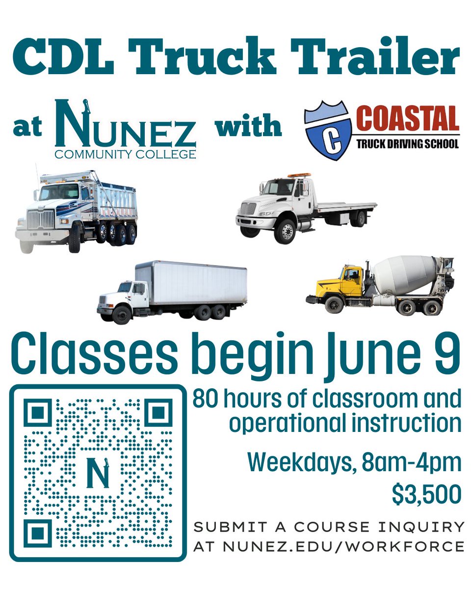 Come learn to drive big trucks 🚛
CDL Truck Trailer classes begin June 9 at Nunez. Cost is $3,500.
80 hours of instruction.
Submit a Workforce Inquiry at form.jotform.com/211674987345064
#HighWage #HighDemand