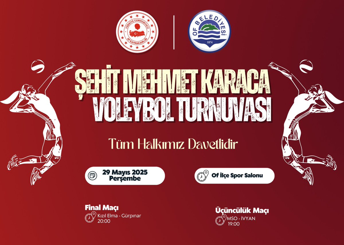 Of Kaymakamlığımız ve Of Belediyemizin öncülüğünde, büyük bir heyecan ve yoğun katılımla düzenlenen Şehit Mehmet Karaca Voleybol Turnuvasının final karşılaşması ve kupa töreni için siz değerli hemşehrilerimizi aramızda görmekten onur duyarız.