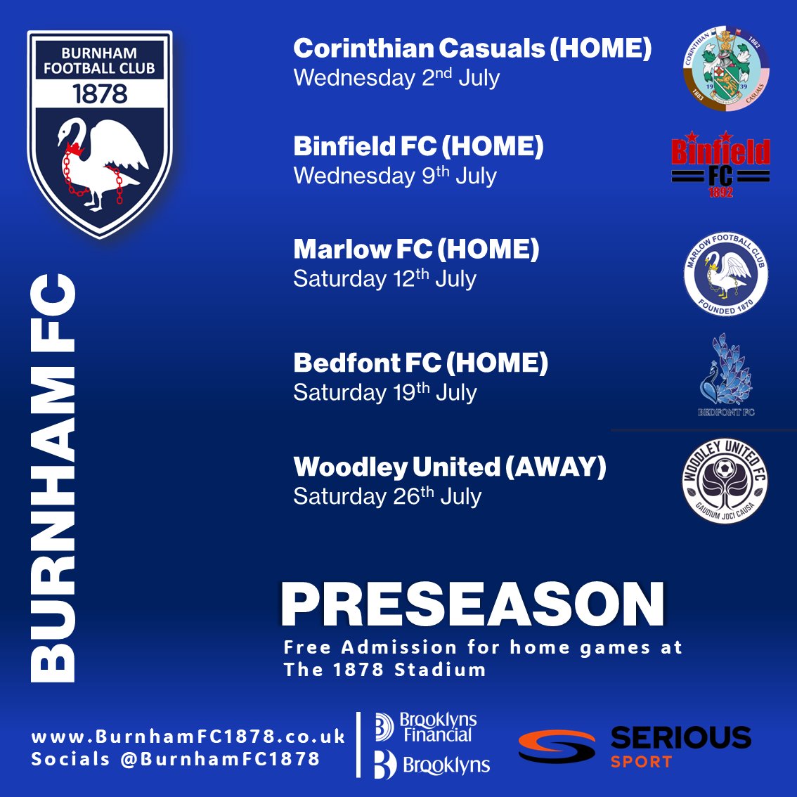 Burnham Football Club (@burnhamfc1878) on Twitter photo BURNHAM FC PRESEASON FRIENDLIES 2025
We are pleased and excited to announce our confirmed preseason friendly fixtures. Thank you to <a href="/CorinthianCas/">Corinthian-Casuals</a> <a href="/Binfieldfc/">Binfield FC</a> <a href="/MarlowFC/">Marlow Football Club</a> <a href="/BedfontFC/">Bedfont FC</a> and <a href="/WoodleyUtdFC/">Woodley United FC</a> for their help.
Related article burnhamfc1878.co.uk/2025-2026-burnā¦
#preseason #nonleague BURNHAM FC PRESEASON FRIENDLIES 2025
We are pleased and excited to announce our confirmed preseason friendly fixtures. Thank you to <a href="/CorinthianCas/">Corinthian-Casuals</a> <a href="/Binfieldfc/">Binfield FC</a> <a href="/MarlowFC/">Marlow Football Club</a> <a href="/BedfontFC/">Bedfont FC</a> and <a href="/WoodleyUtdFC/">Woodley United FC</a> for their help.
Related article burnhamfc1878.co.uk/2025-2026-burnā¦
#preseason #nonleague