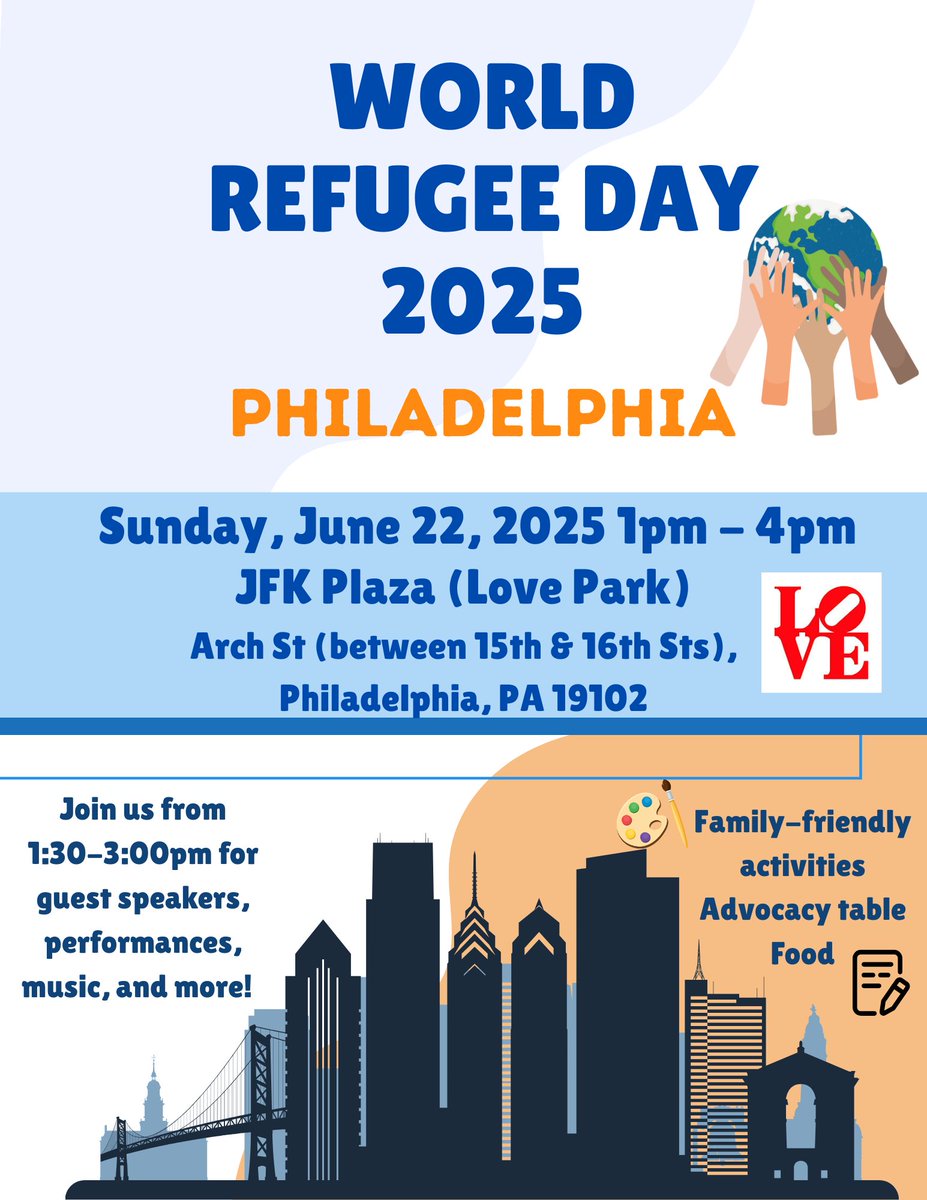 Celebrate #WorldRefugeeDay at Love Park! This public event will be held on June 22nd from 1-4pm.