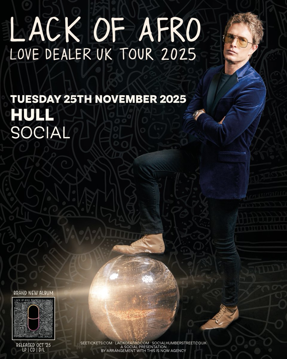 Social (@socialhumberst) on Twitter photo ON SALE NOW // A colossus of the funk & soul world, <a href="/lackofafromusic/">Lack of Afro</a> has been releasing music for 17 years and continues to go from strength to strength, with new album 'Love Dealer' released this October.
📅 Tuesday 25th November.
🎟 Book tickets: bit.ly/LackofAfroHull ON SALE NOW // A colossus of the funk & soul world, <a href="/lackofafromusic/">Lack of Afro</a> has been releasing music for 17 years and continues to go from strength to strength, with new album 'Love Dealer' released this October.
📅 Tuesday 25th November.
🎟 Book tickets: bit.ly/LackofAfroHull