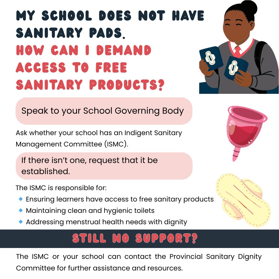 Does your school not have sanitary pads? How can you demand access to free sanitary products? 

Learners have the right to menstrual dignity.🩸

Find out how to engage your School Governing Body &amp; advocate for an Indigent Sanitary Management Committee.👇🏾#MenstrualHygieneDay2025