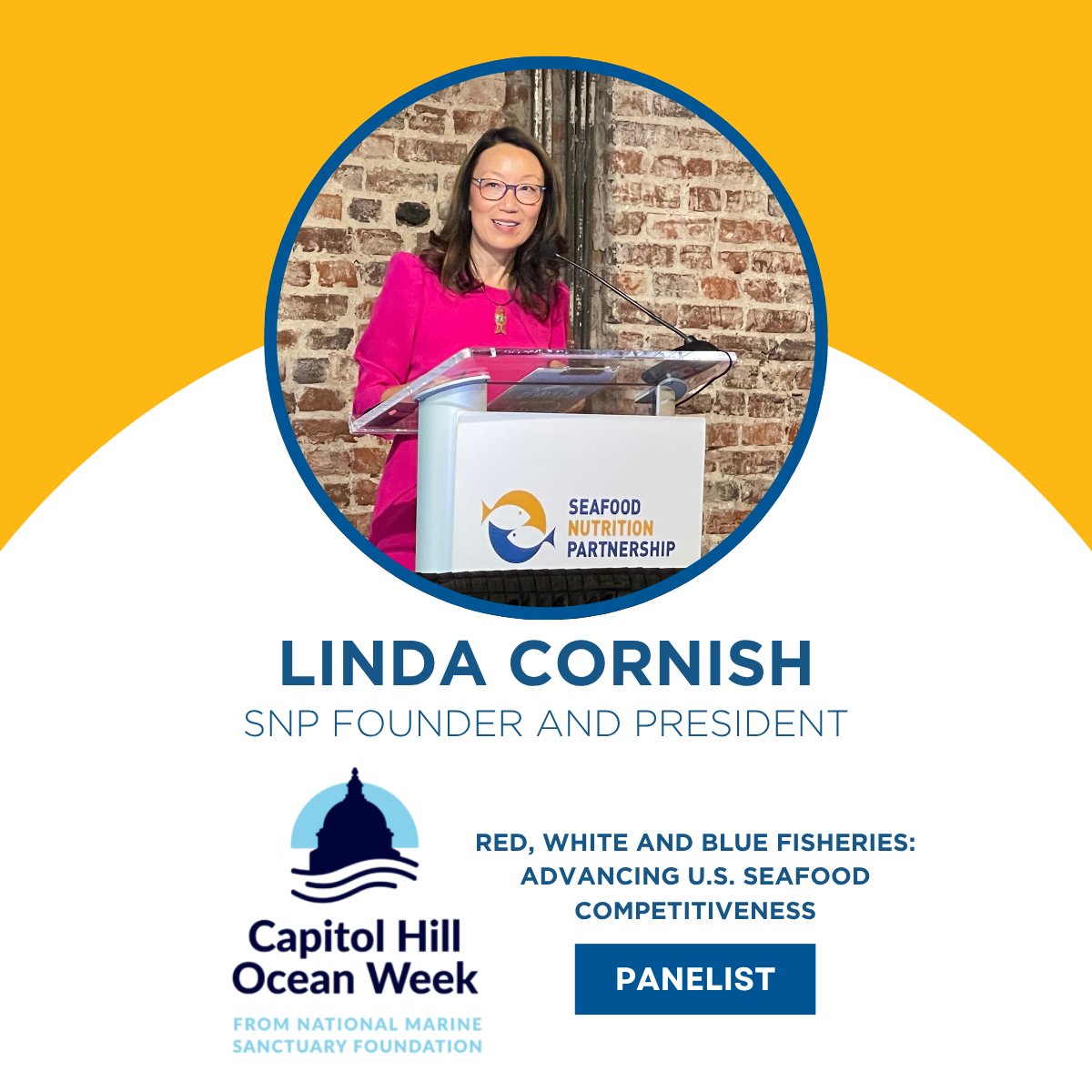 Seafood4Health's tweet image. SNP Founder and President Linda Cornish will participate in a panel discussion at Capitol Hill Ocean Week 2025 titled “Red, White, and Blue Fisheries: Advancing U.S. Seafood Competitiveness." Learn more: bit.ly/4kDC3Lt