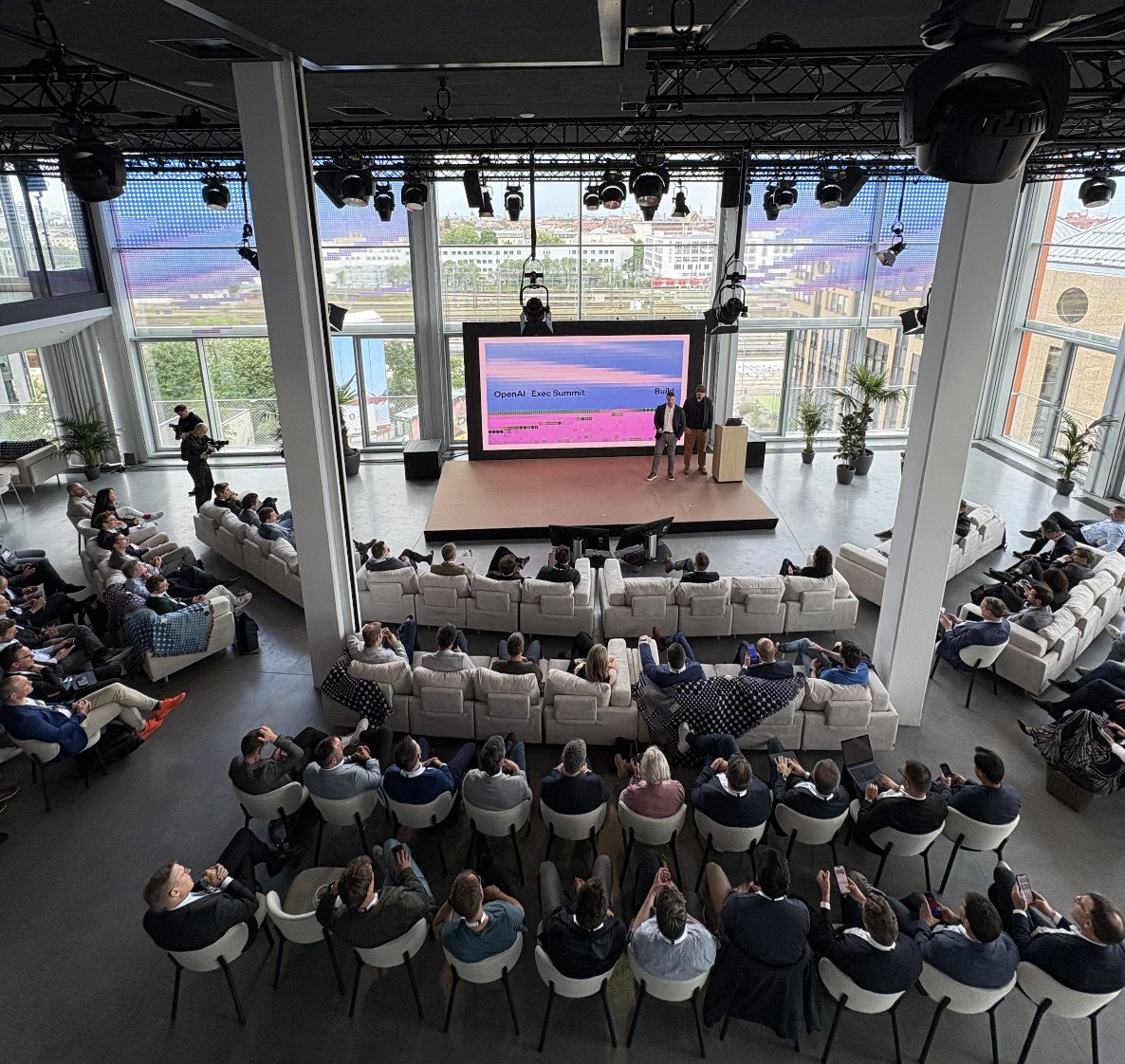 kaysorin's tweet image. we hosted 3 events last week to celebrate the our first office in Germany, from an enterprise summit to a launch party with a sora video dome. this sunlit loft venue with our branding on the windows was especially stunning.
welcome to Munich @OpenAI!