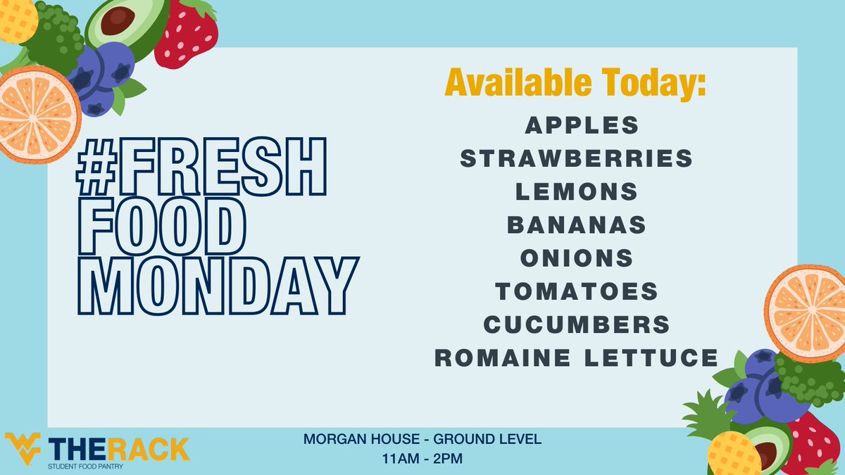 Fresh produce is available today from 11am - 2pm while supplies last!

#FreshFoodMonday #wvutherack