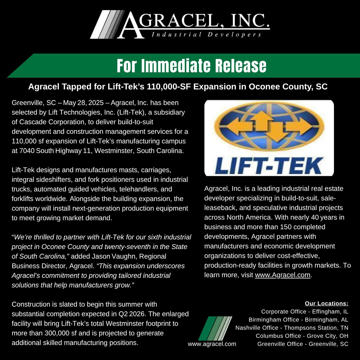 GrowWithAgracel's tweet image. Our newest Construction Management development is in Oconee County, SC! The team at @GrowWithAgracel  is looking forward to our partnership with Lift-Tek to expand their operation in Westminster, SC. #WeDevelop #MoreThanJustBuildings #ConstructionManagement