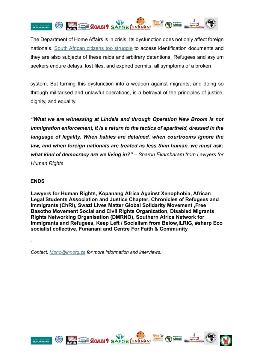 🚨 JOINT PRESS STATEMENT 🚨

We stand against #OperationNewBroom – a brutal, unlawful campaign scapegoating African migrants in Tshwane.

This is not law and order – it’s apartheid-style repression.

Who is really running our city of Tshwane??

#StopNewBroom #NoToXenophobia
